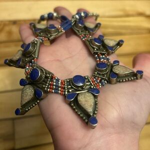 🇳🇵ARTISAN Tibet/Nepal Himalayan Stone Statement Necklace, Silvertone Settings
